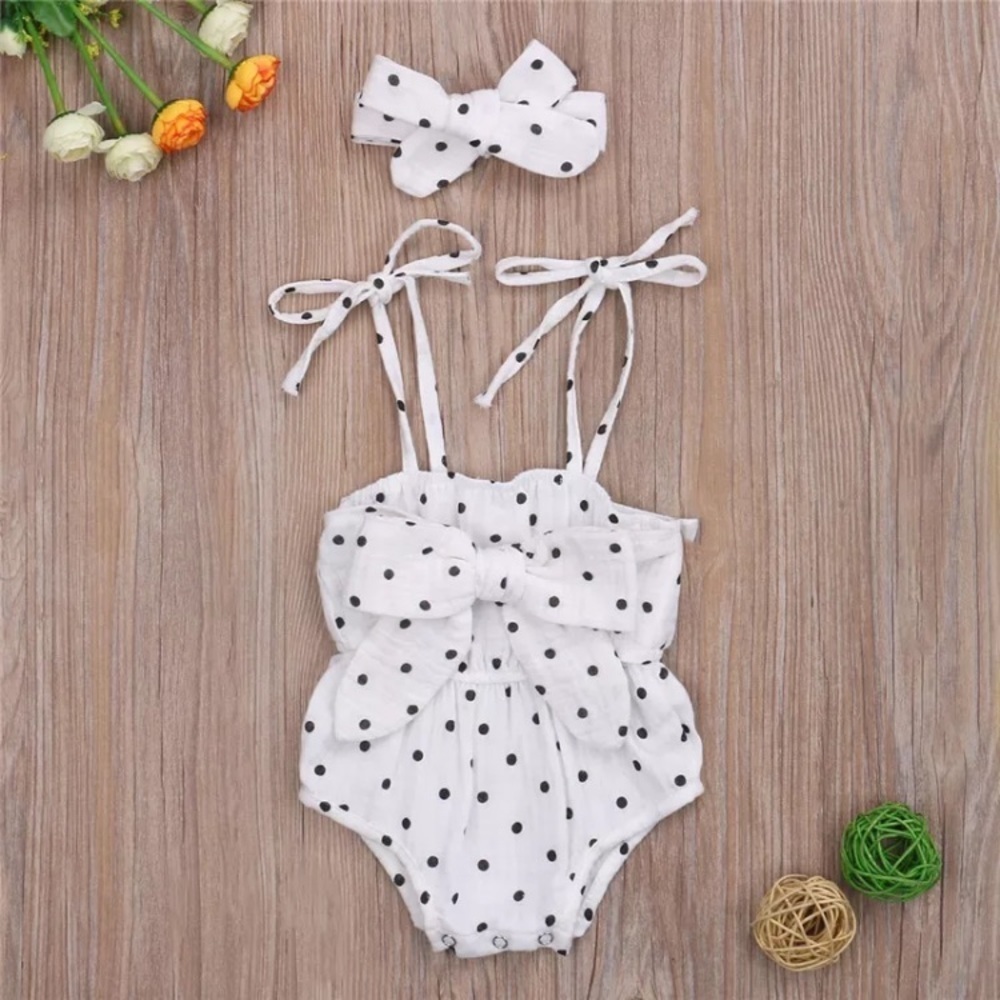 White & Black polka dot Romper & headband set child size 12-18 months - Picture 6 of 10
